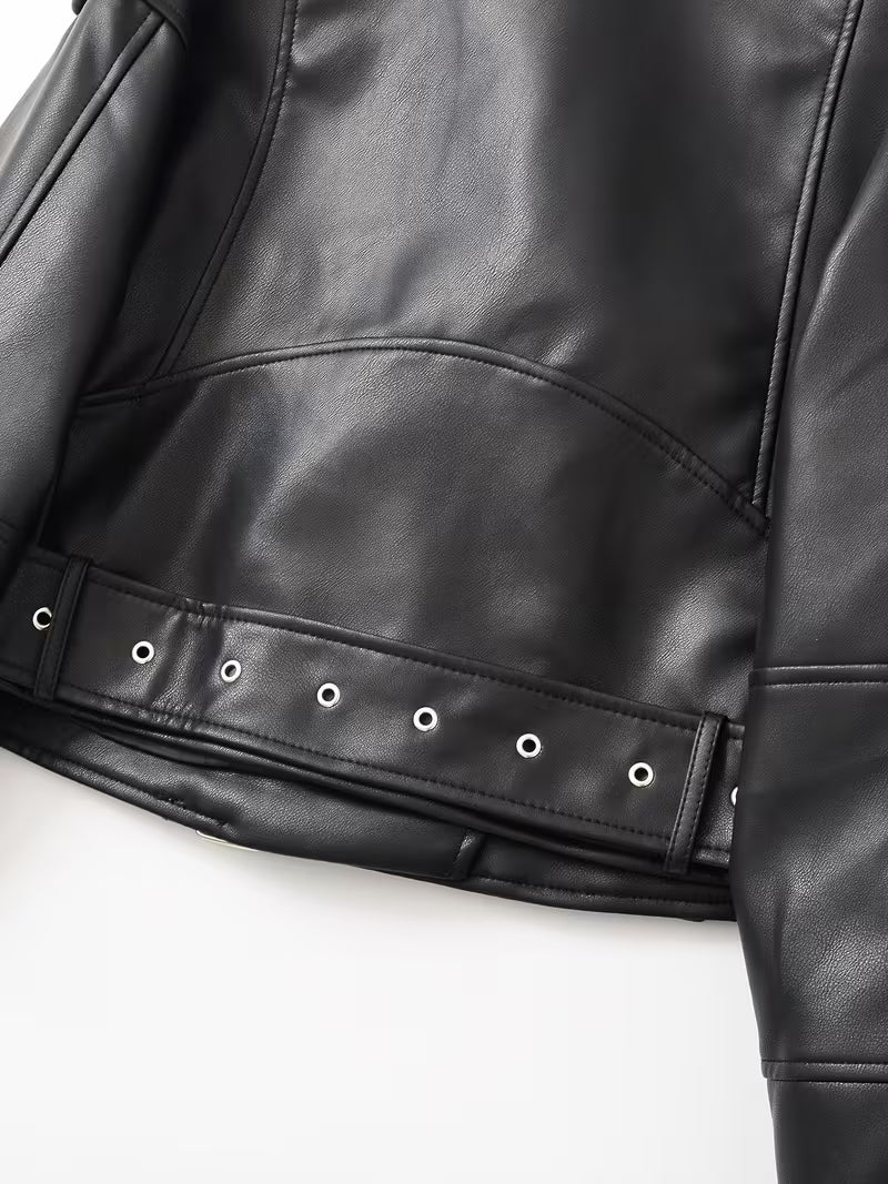 Women's Cropped Faux Leather Biker Jacket with Zip Front and Belted Hem