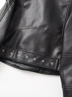 Women's Cropped Faux Leather Biker Jacket with Zip Front and Belted Hem