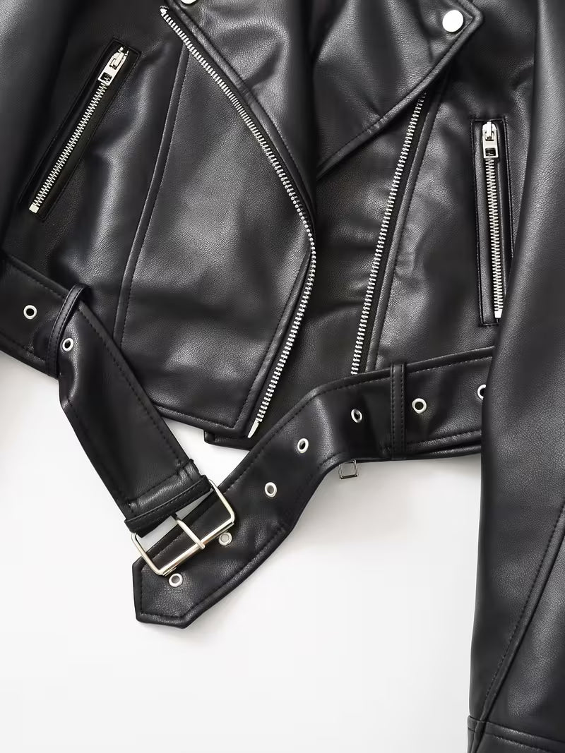 Women's Cropped Faux Leather Biker Jacket with Zip Front and Belted Hem