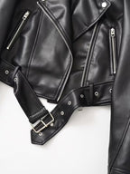 Women's Cropped Faux Leather Biker Jacket with Zip Front and Belted Hem