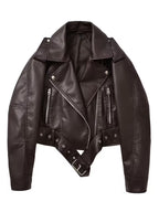 Women's Cropped Faux Leather Biker Jacket with Zip Front and Belted Hem