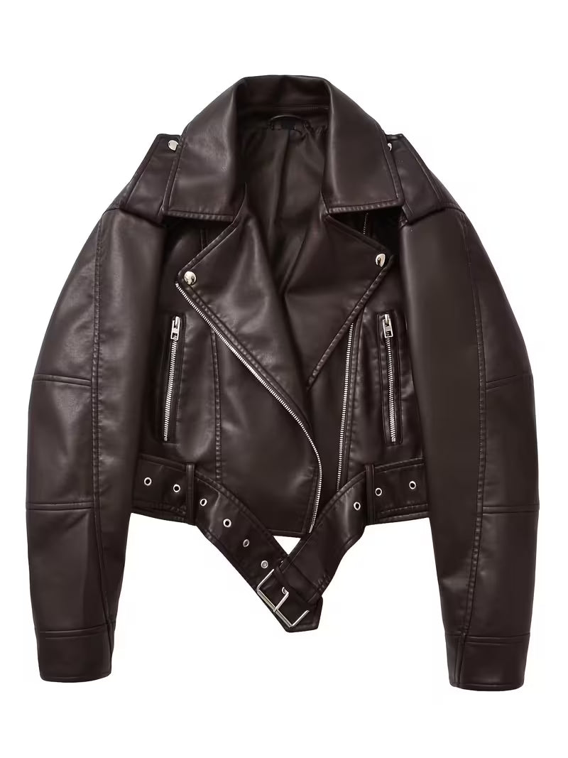 Women's Cropped Faux Leather Biker Jacket with Zip Front and Belted Hem