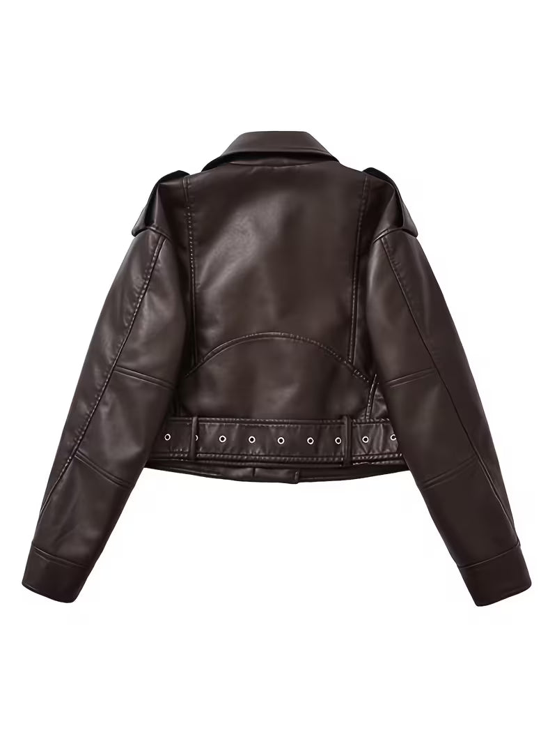 Women's Cropped Faux Leather Biker Jacket with Zip Front and Belted Hem