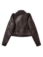 Women's Cropped Faux Leather Biker Jacket with Zip Front and Belted Hem