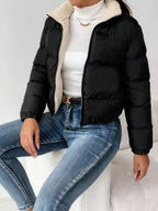 Women's Cropped Puffer Jacket with Fleece Lining and Zip Front