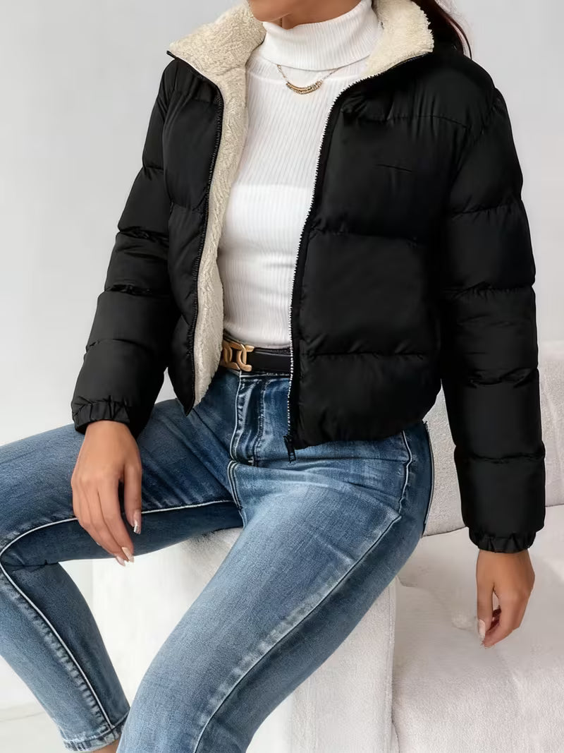 Women's Cropped Puffer Jacket with Fleece Lining and Zip Front