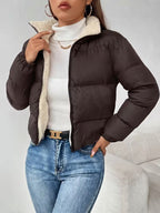 Women's Cropped Puffer Jacket with Fleece Lining and Zip Front