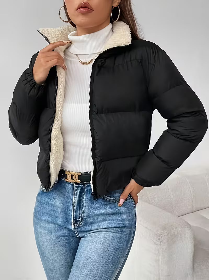 Women's Cropped Puffer Jacket with Fleece Lining and Zip Front