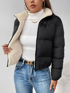 Women's Cropped Puffer Jacket with Fleece Lining and Zip Front