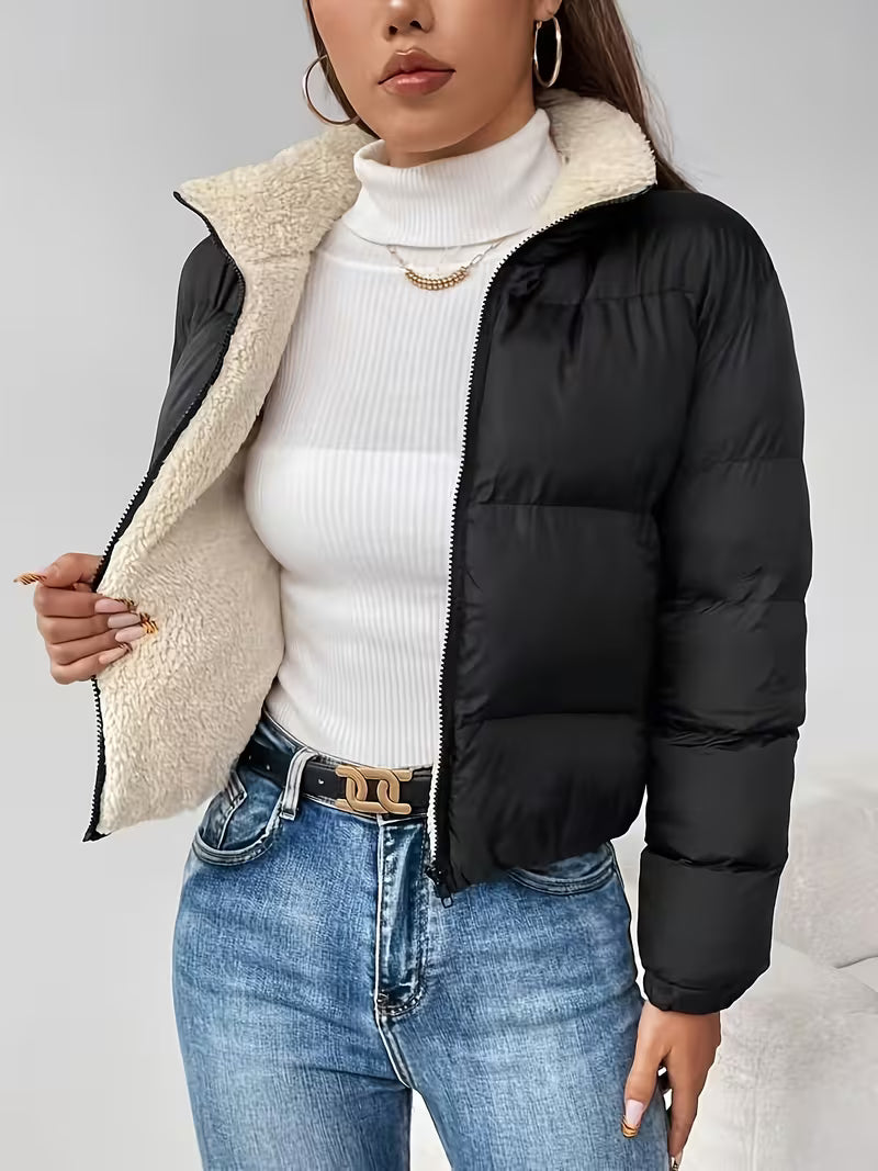 Women's Cropped Puffer Jacket with Fleece Lining and Zip Front