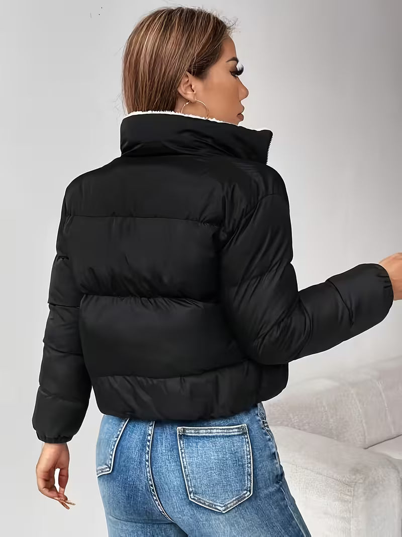 Women's Cropped Puffer Jacket with Fleece Lining and Zip Front