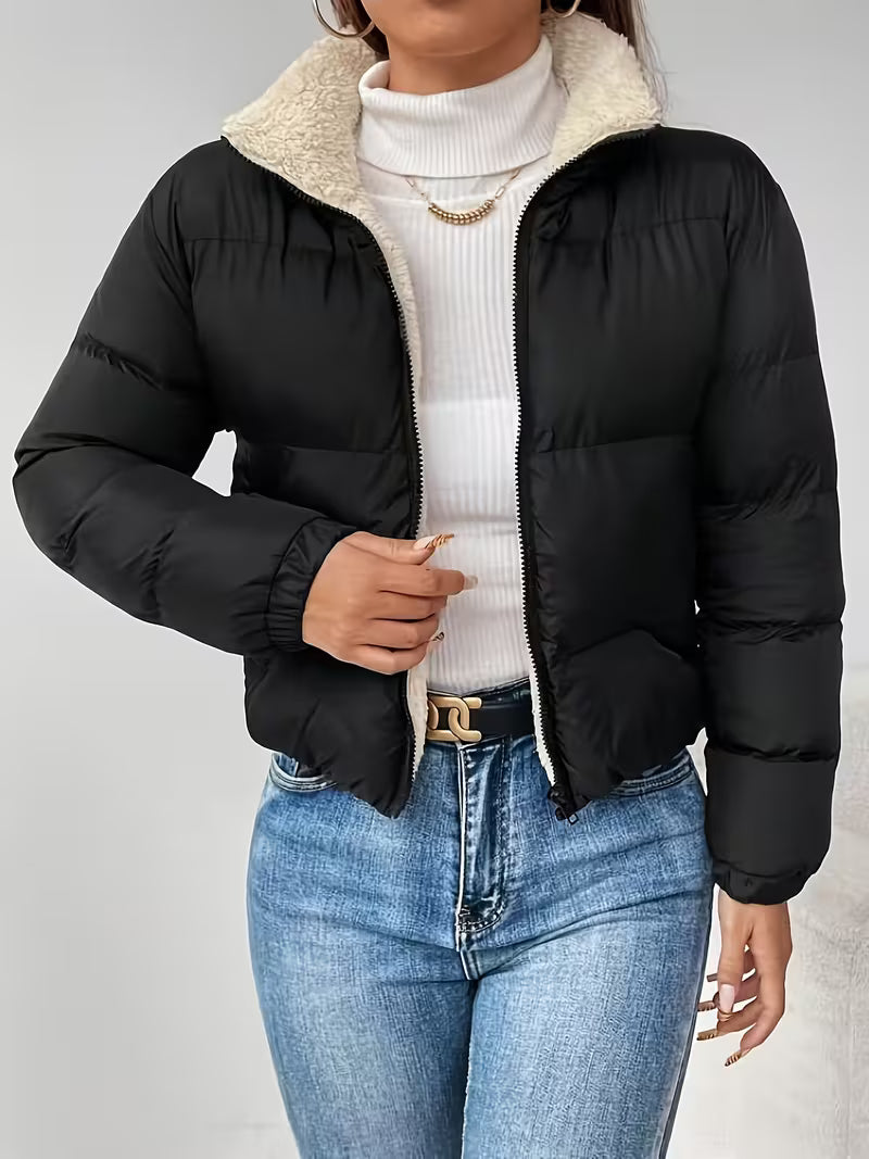 Women's Cropped Puffer Jacket with Fleece Lining and Zip Front