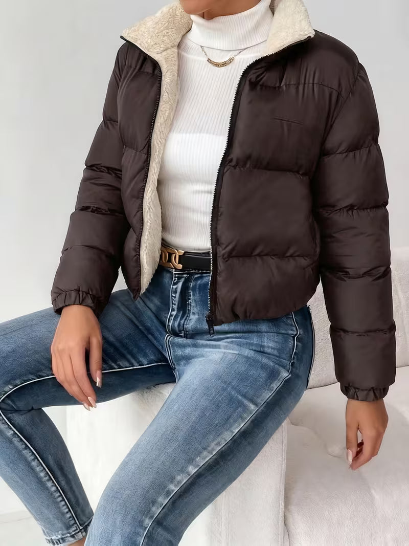 Women's Cropped Puffer Jacket with Fleece Lining and Zip Front
