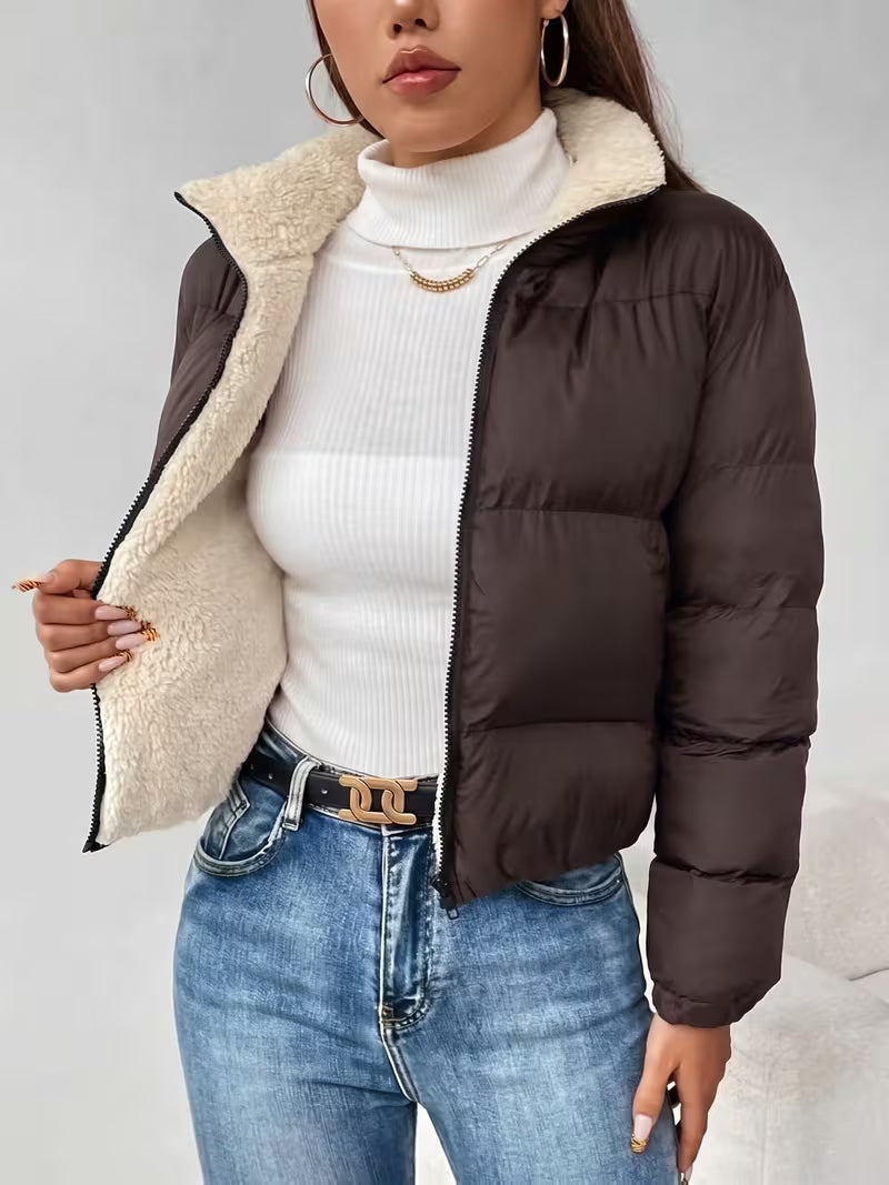 Women's Cropped Puffer Jacket with Fleece Lining and Zip Front