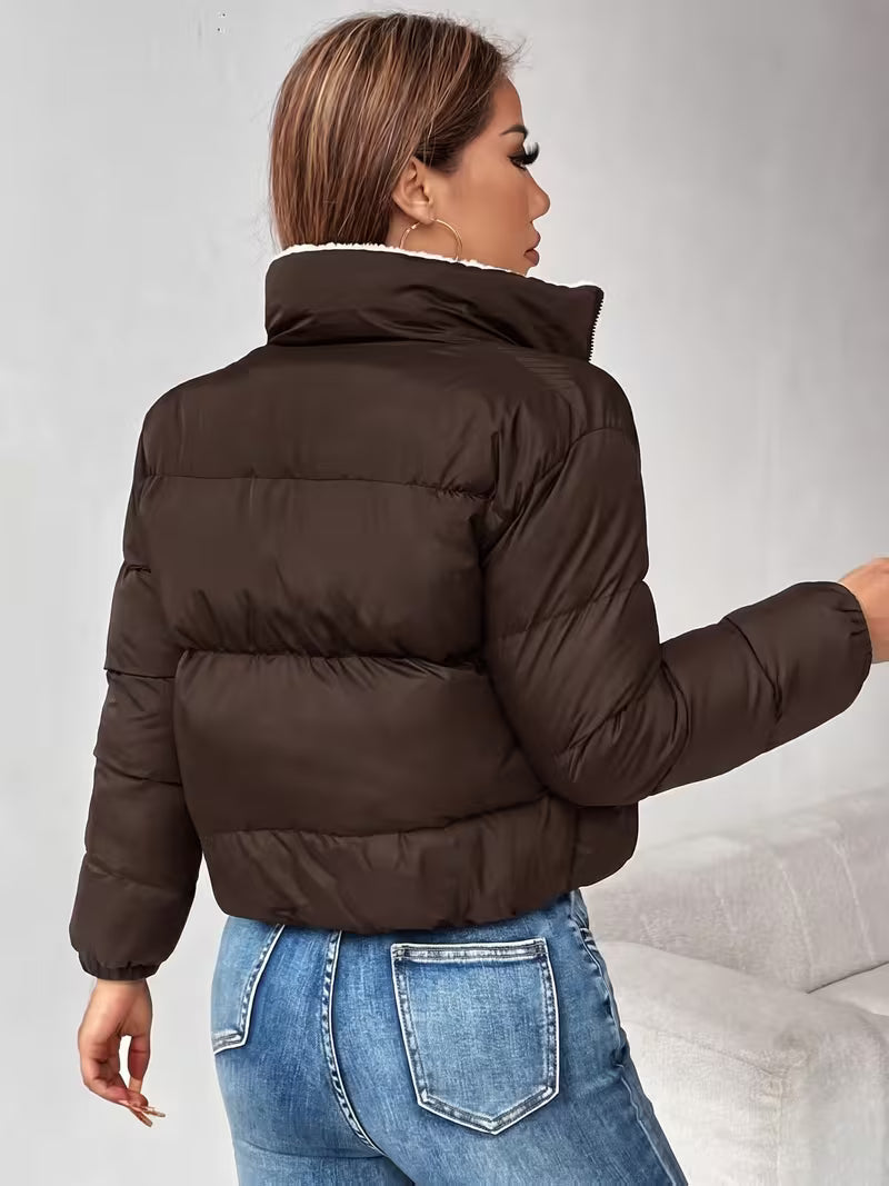 Women's Cropped Puffer Jacket with Fleece Lining and Zip Front