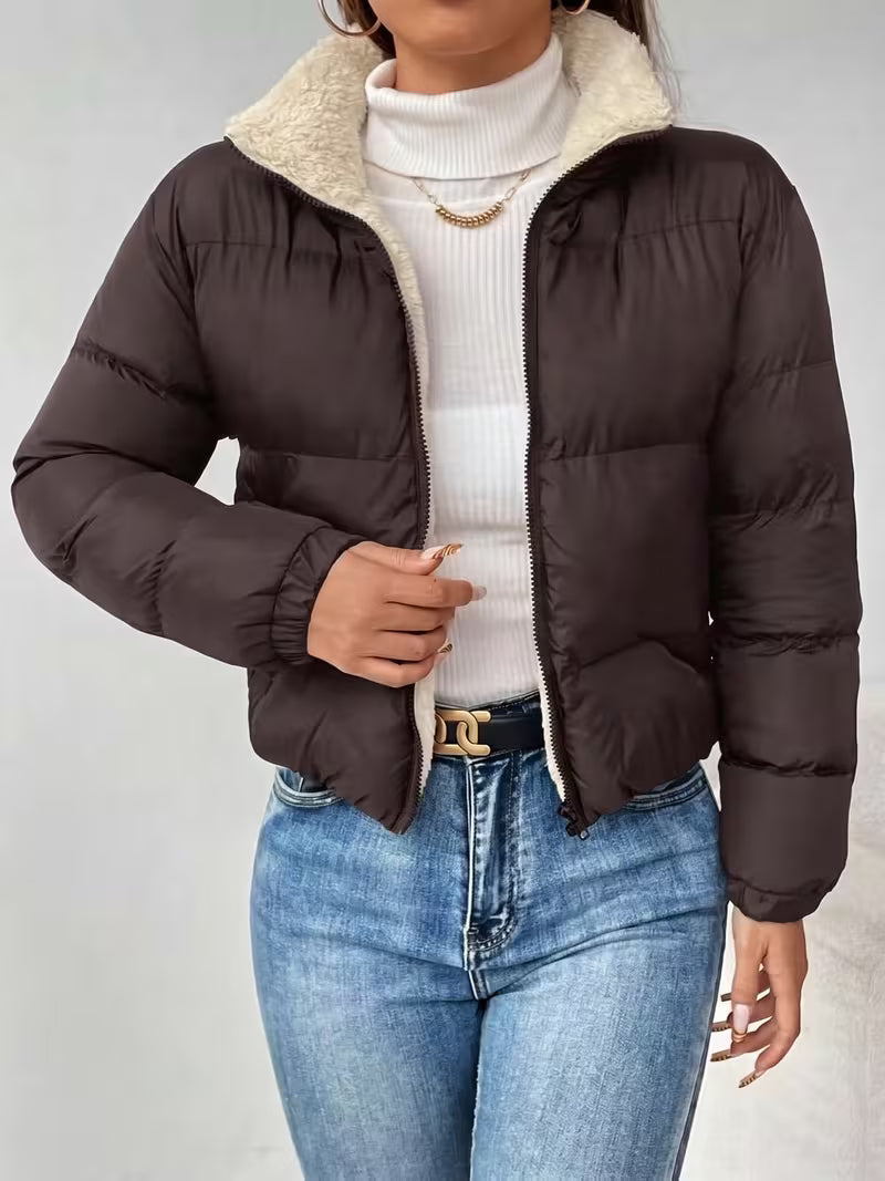 Women's Cropped Puffer Jacket with Fleece Lining and Zip Front