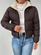Women's Cropped Puffer Jacket with Fleece Lining and Zip Front