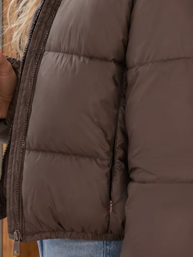Women's Cropped Puffer Jacket with Funnel Neck and Zip Pockets