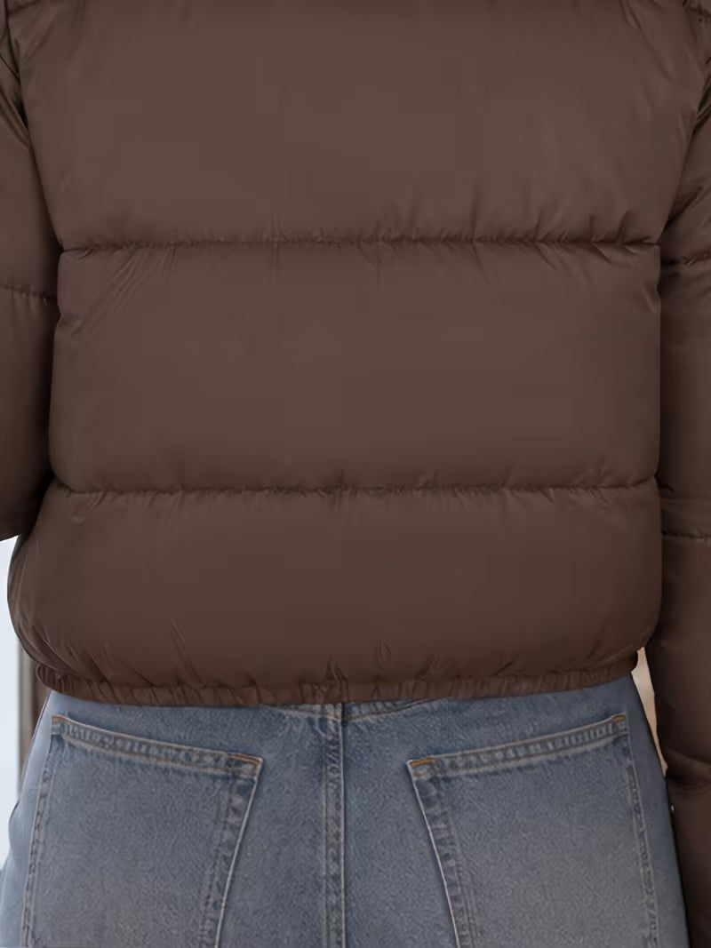 Women's Cropped Puffer Jacket with Funnel Neck and Zip Pockets