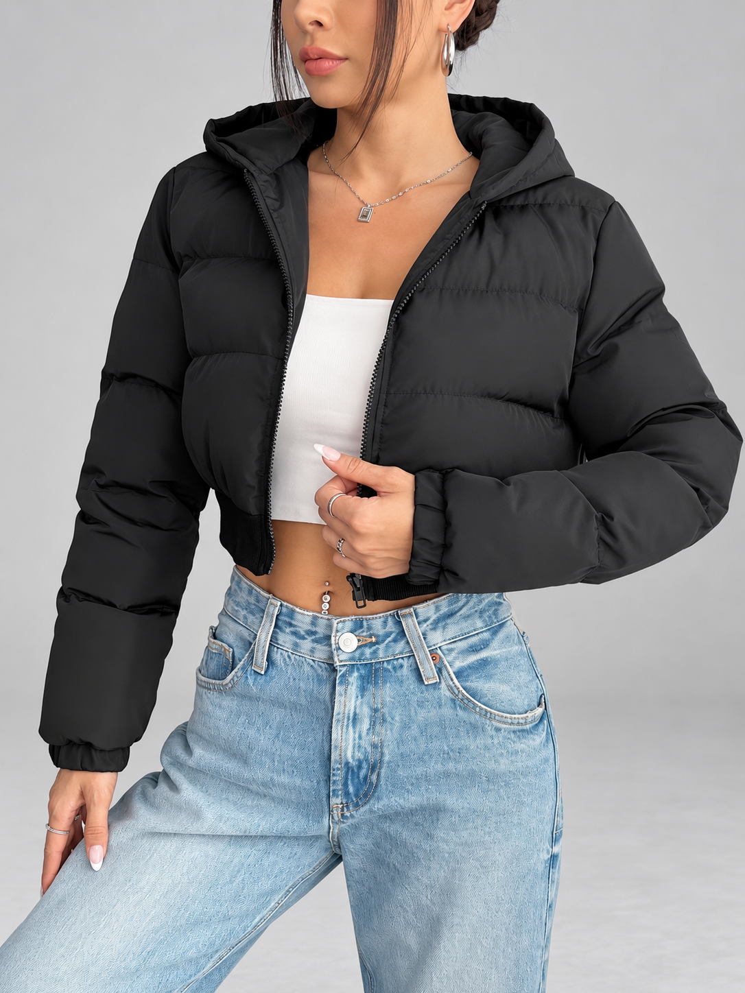 Women's Cropped Puffer Jacket with Hood and Zip Front