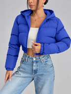 Women's Cropped Puffer Jacket with Hood and Zip Front
