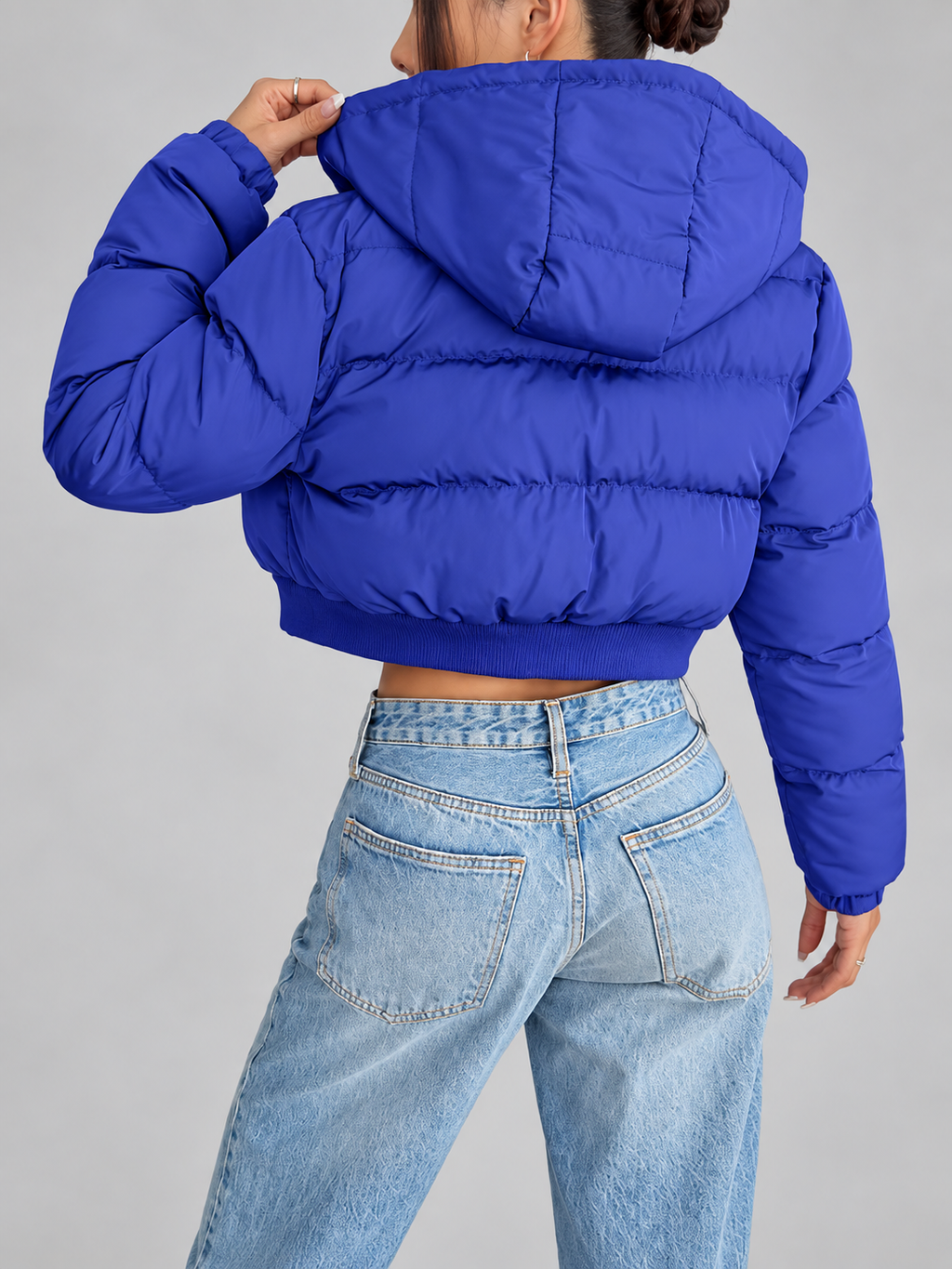 Women's Cropped Puffer Jacket with Hood and Zip Front