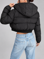 Women's Cropped Puffer Jacket with Hood and Zip Front