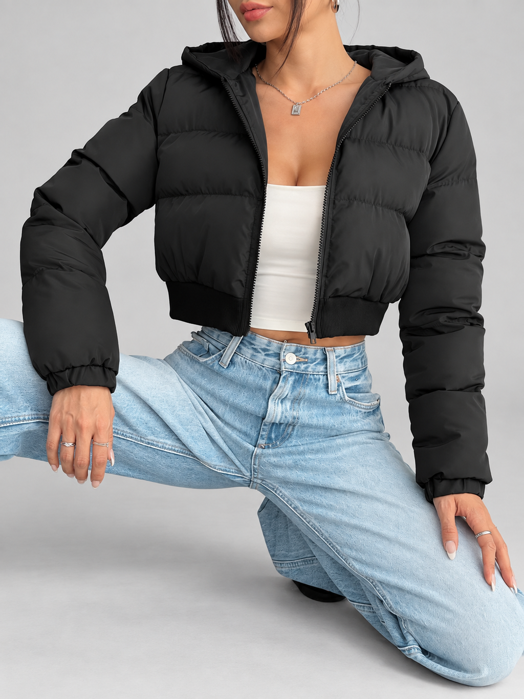 Women's Cropped Puffer Jacket with Hood and Zip Front