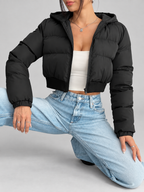 Women's Cropped Puffer Jacket with Hood and Zip Front
