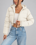 Women's Cropped Puffer Jacket with Hood and Zip Front