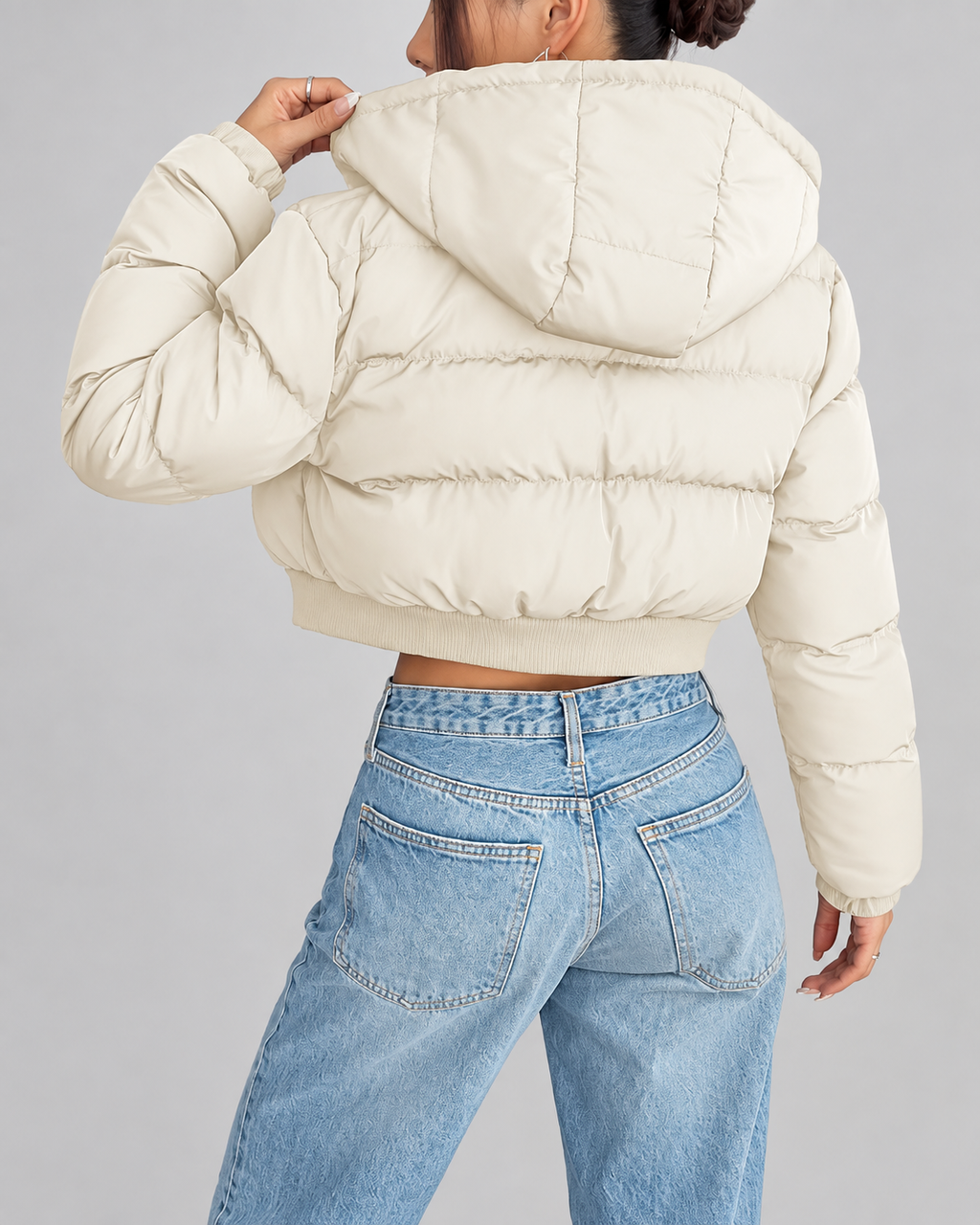 Women's Cropped Puffer Jacket with Hood and Zip Front