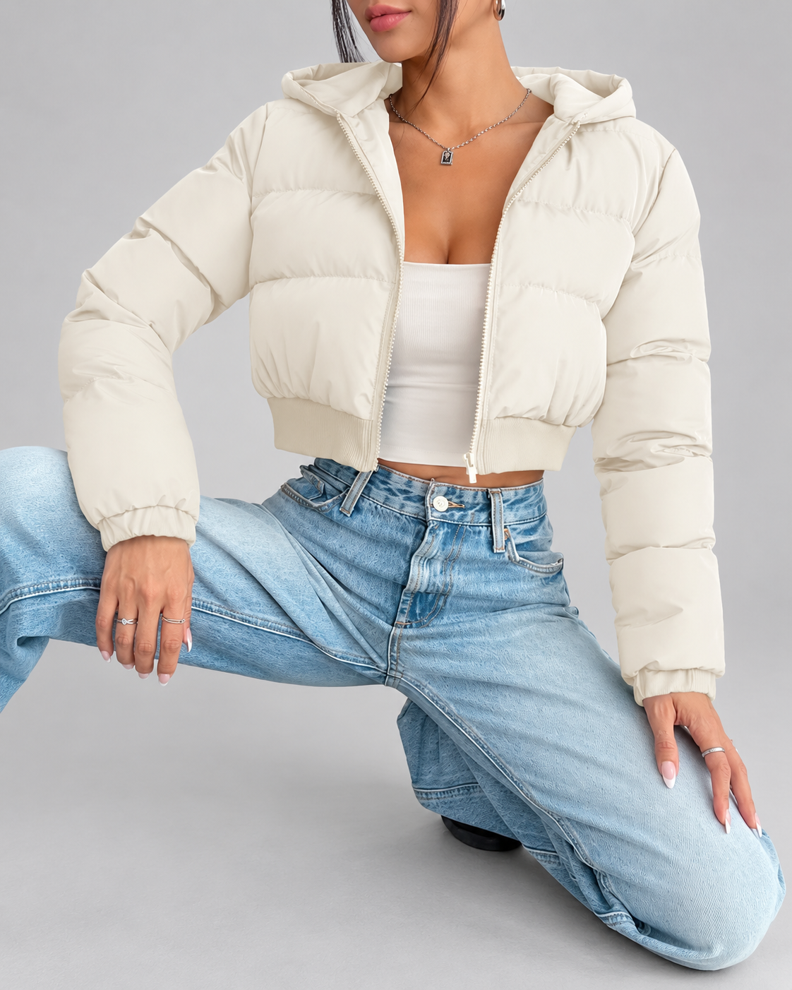 Women's Cropped Puffer Jacket with Hood and Zip Front