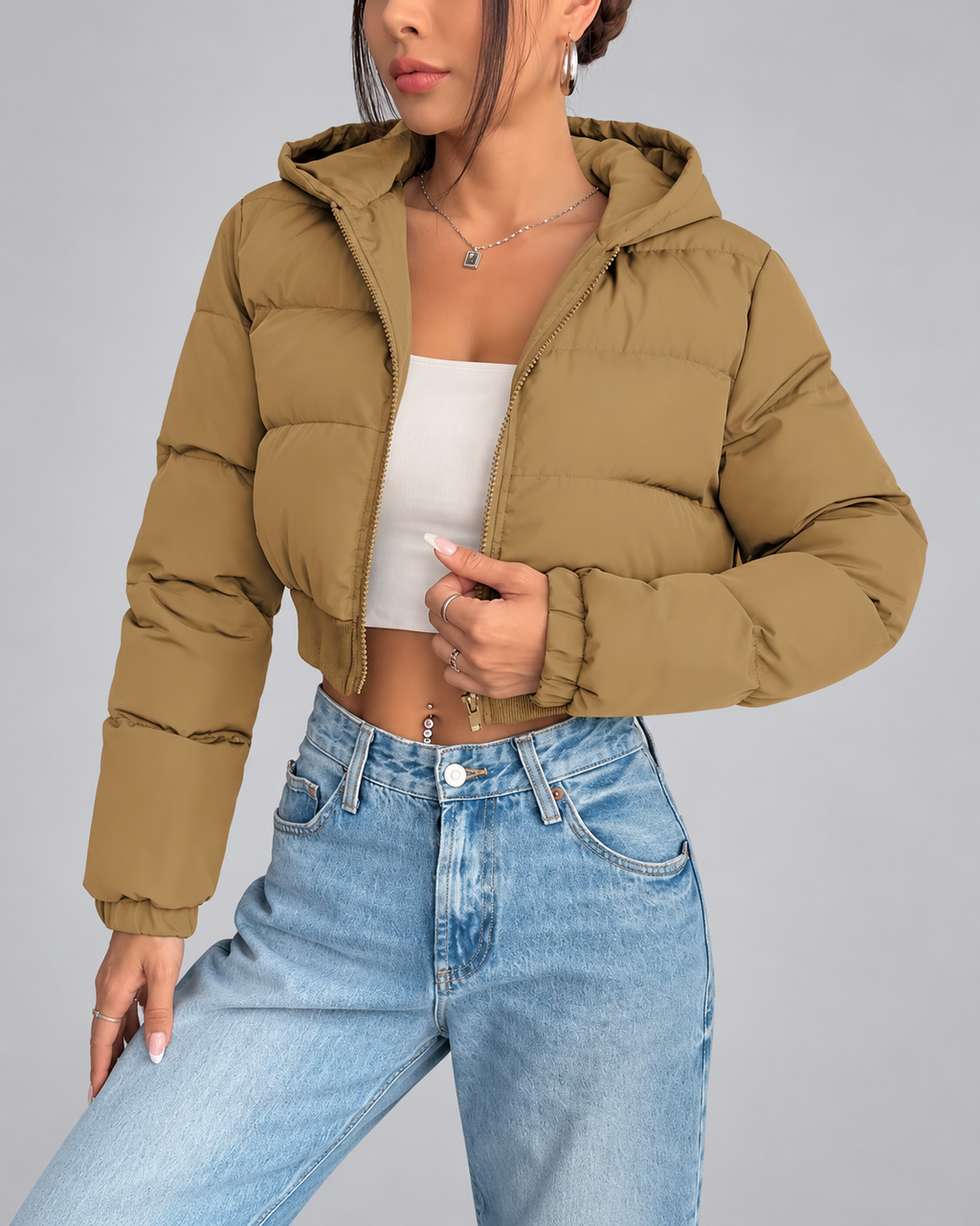 Women's Cropped Puffer Jacket with Hood and Zip Front