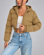 Women's Cropped Puffer Jacket with Hood and Zip Front