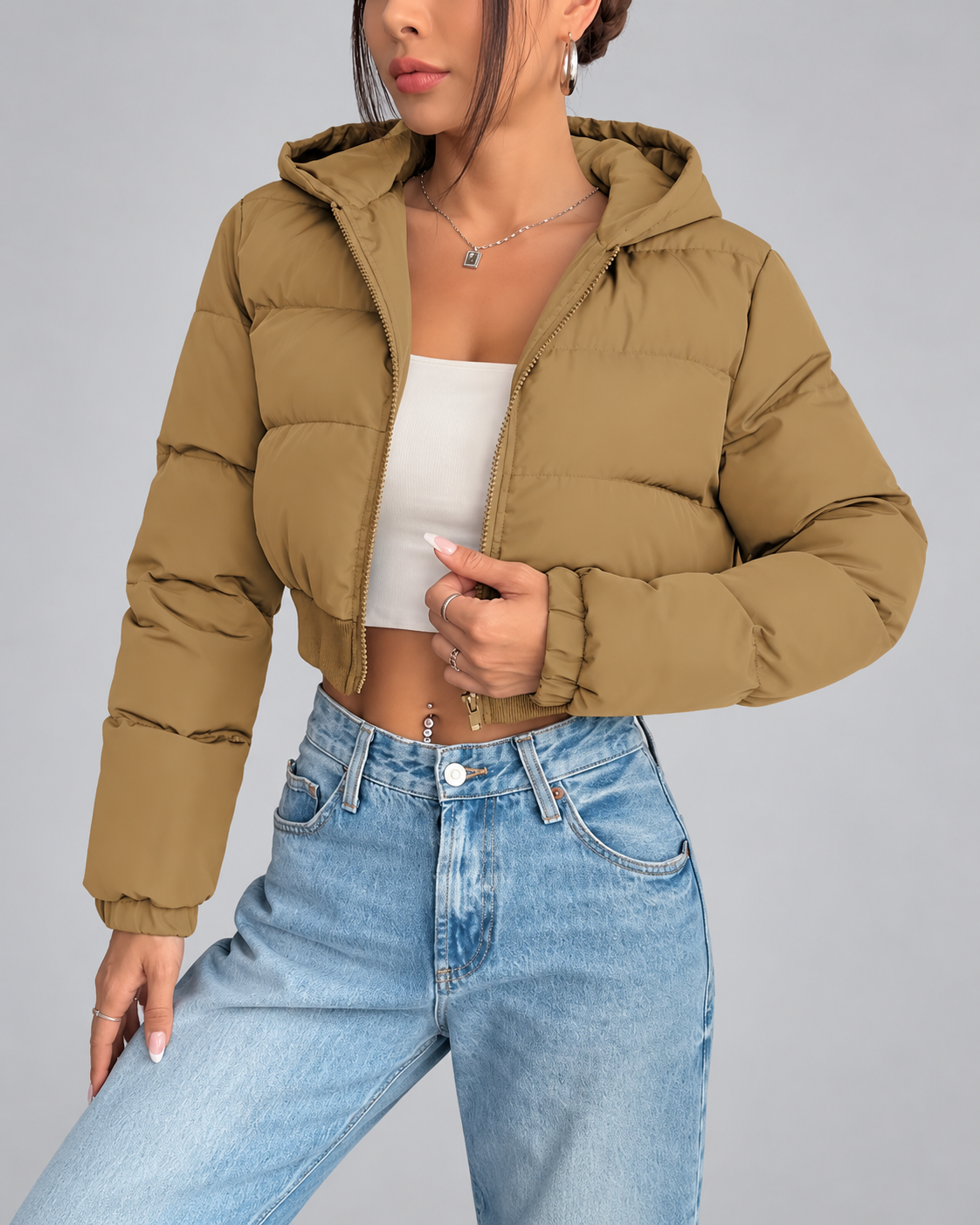 Women's Cropped Puffer Jacket with Hood and Zip Front