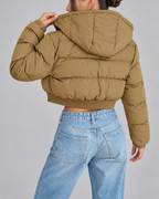 Women's Cropped Puffer Jacket with Hood and Zip Front
