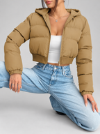 Women's Cropped Puffer Jacket with Hood and Zip Front