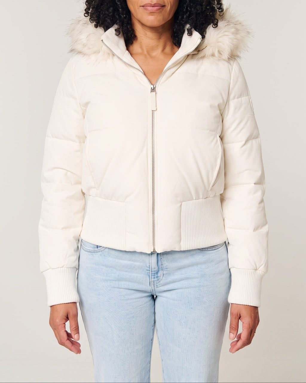 Women's Cropped Quilted Puffer Jacket with Faux Fur Hood