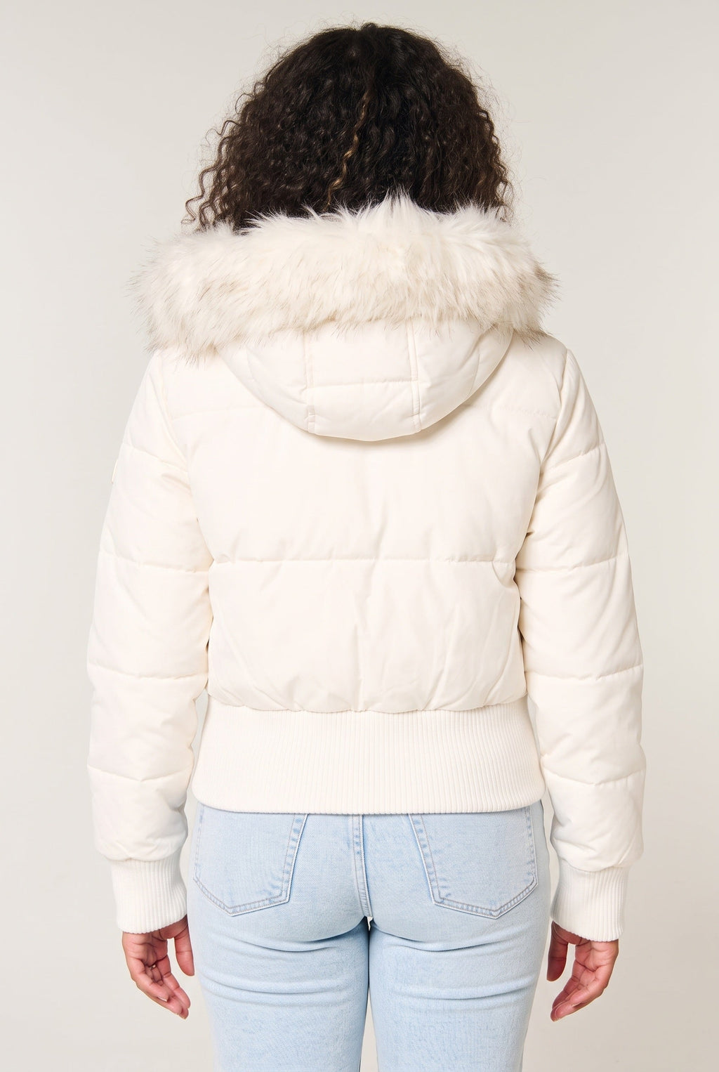 Women's Cropped Quilted Puffer Jacket with Faux Fur Hood