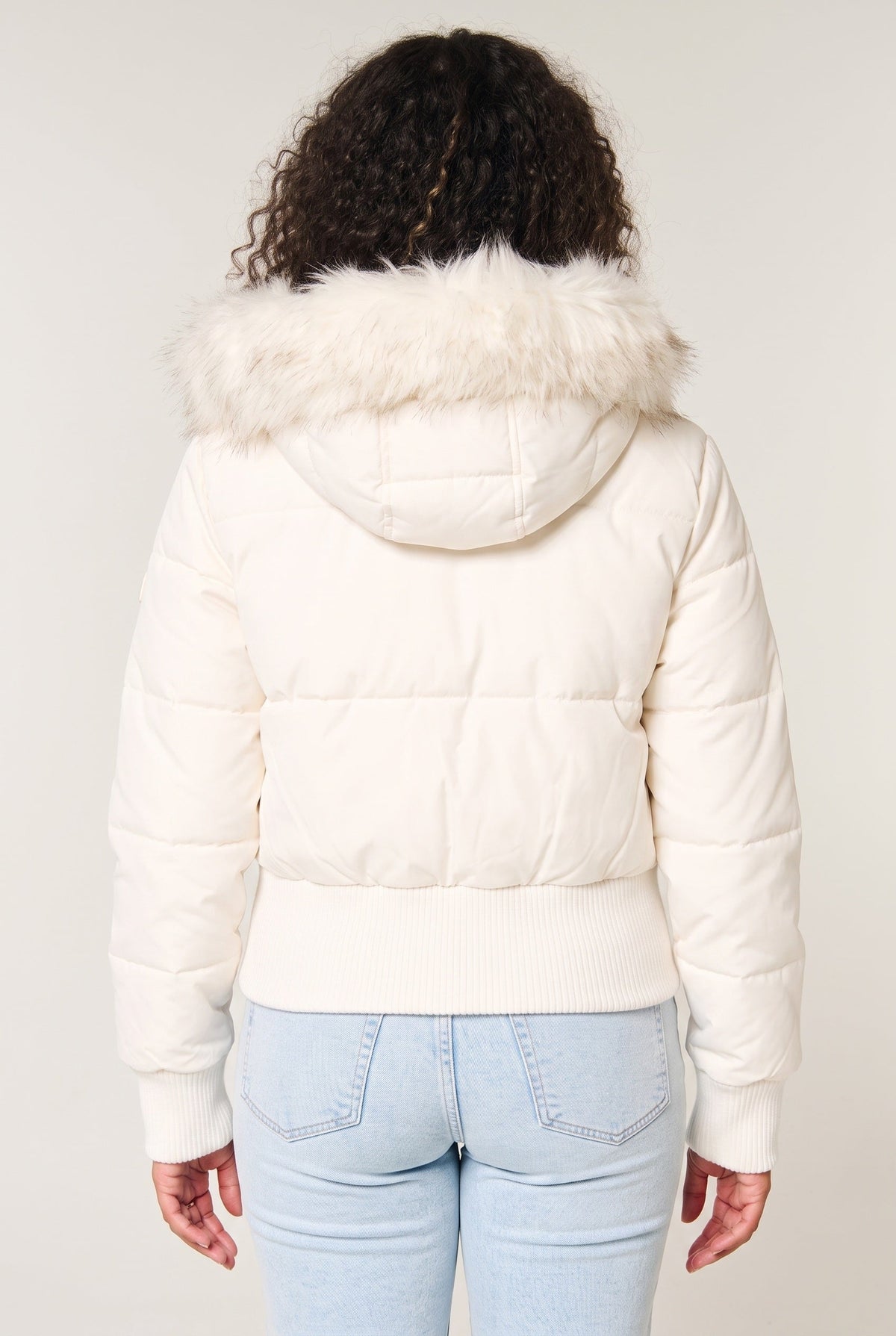 Women's Cropped Quilted Puffer Jacket with Faux Fur Hood