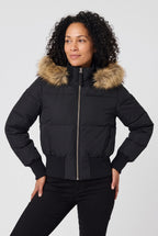Women's Cropped Quilted Puffer Jacket with Faux Fur Hood