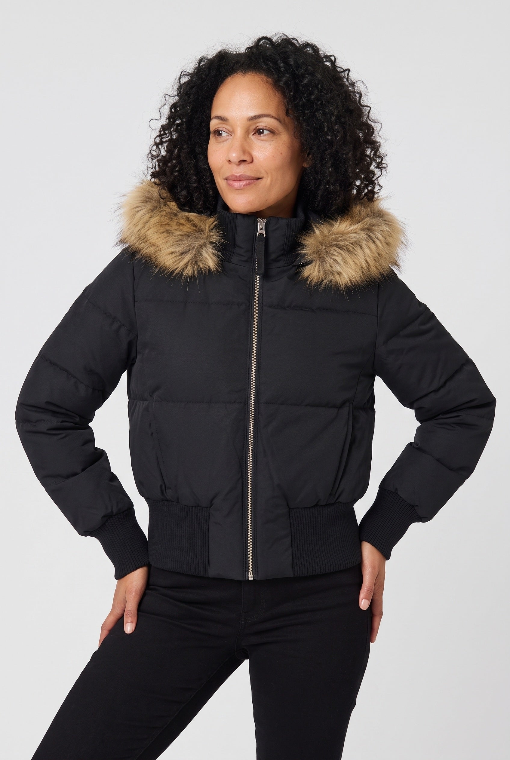 Women's Cropped Quilted Puffer Jacket with Faux Fur Hood