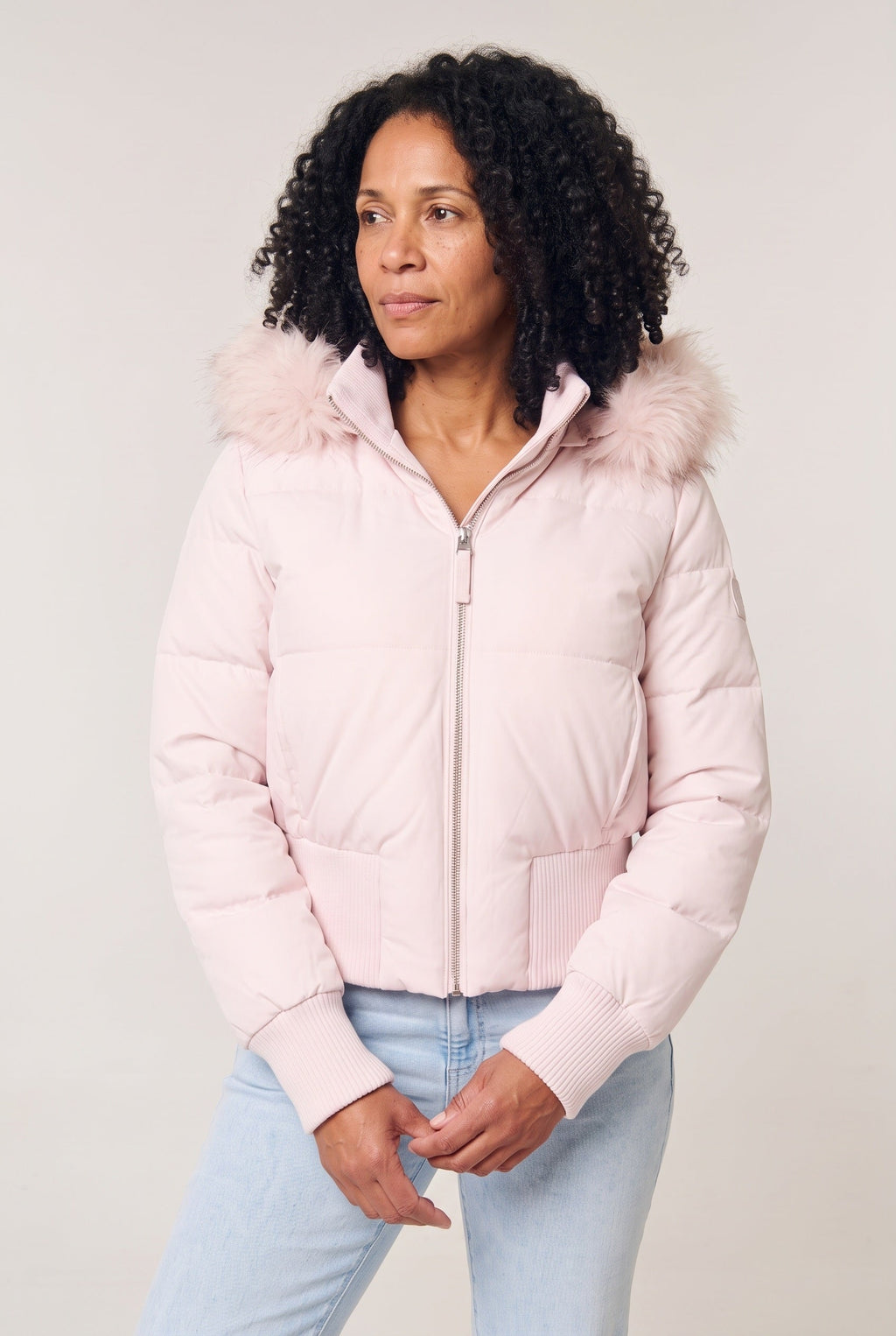 Women's Cropped Quilted Puffer Jacket with Faux Fur Hood