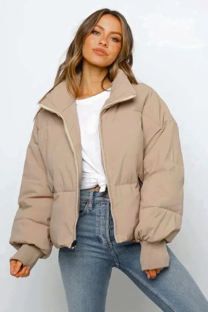 Women's Oversized Puffer Jacket with Stand Collar and Zip Front