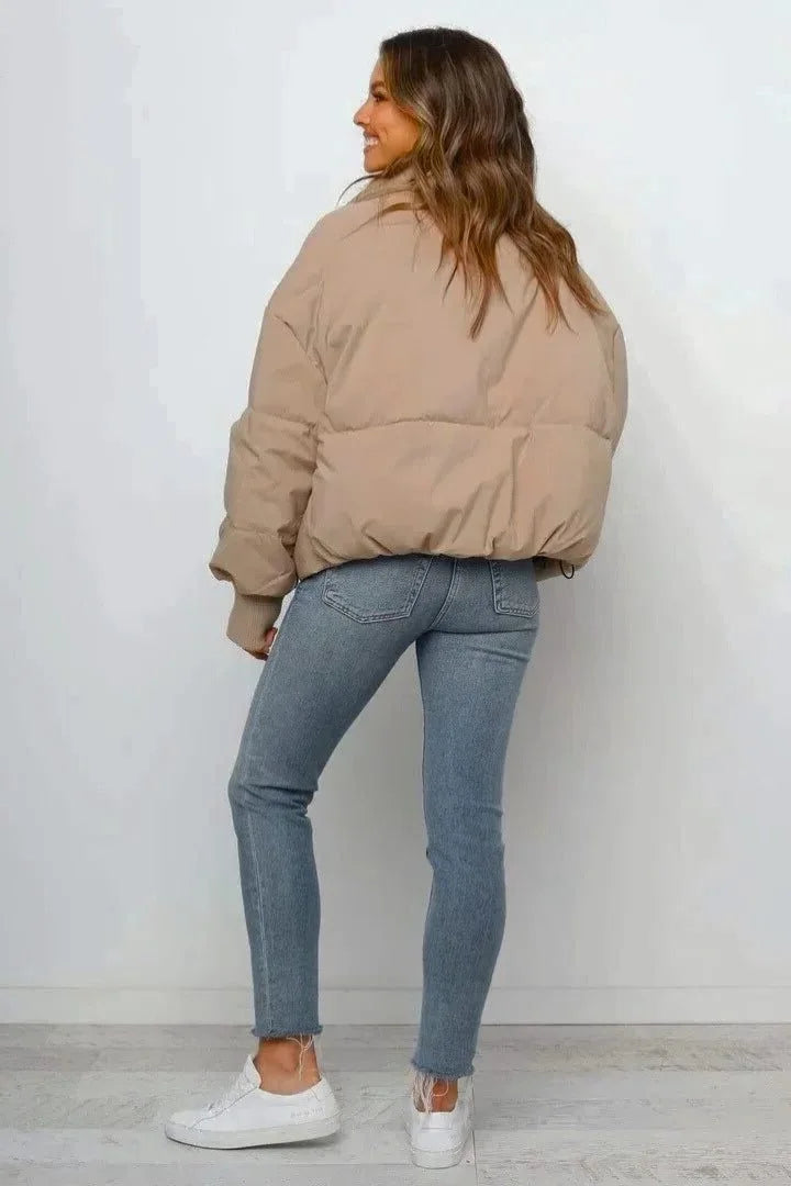 Women's Oversized Puffer Jacket with Stand Collar and Zip Front