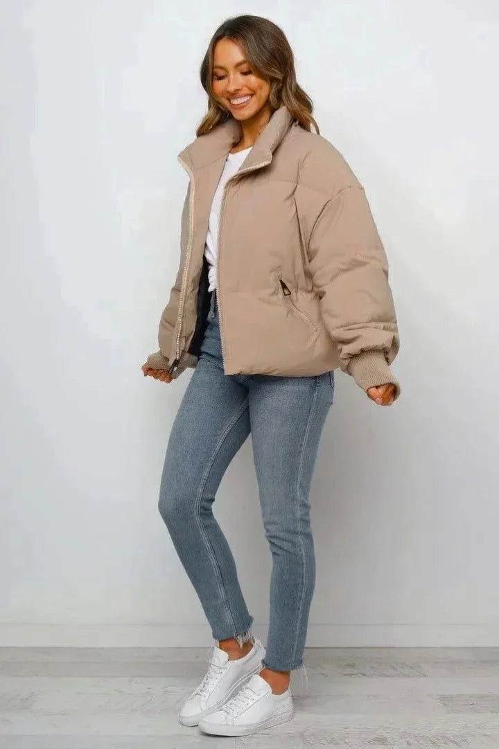 Women's Oversized Puffer Jacket with Stand Collar and Zip Front