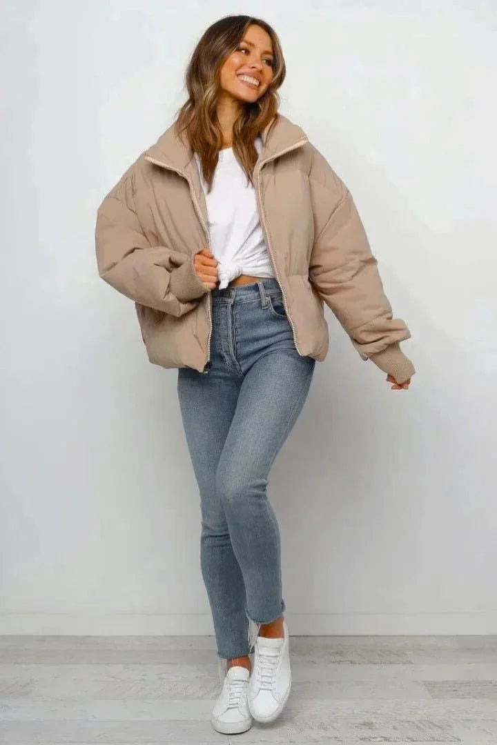 Women's Oversized Puffer Jacket with Stand Collar and Zip Front