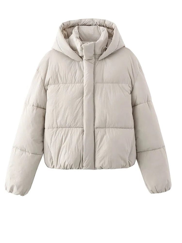 Women's Cropped Quilted Puffer Jacket with Hood and Zip Front