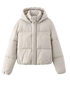 Women's Cropped Quilted Puffer Jacket with Hood and Zip Front