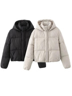 Women's Cropped Quilted Puffer Jacket with Hood and Zip Front
